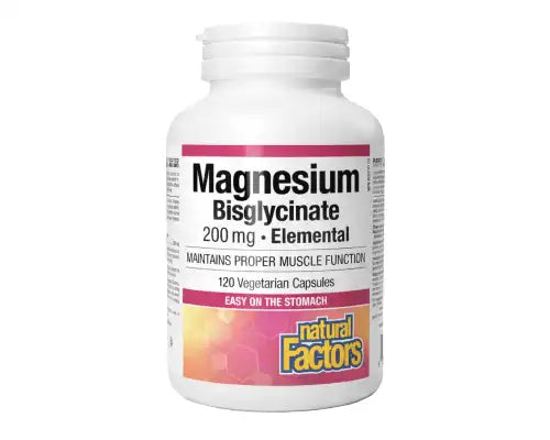 Bouteille de capsules végétariennes de Bisglycinate de Magnésium de Natural Factors pour la relaxation musculaire et le sommeil.