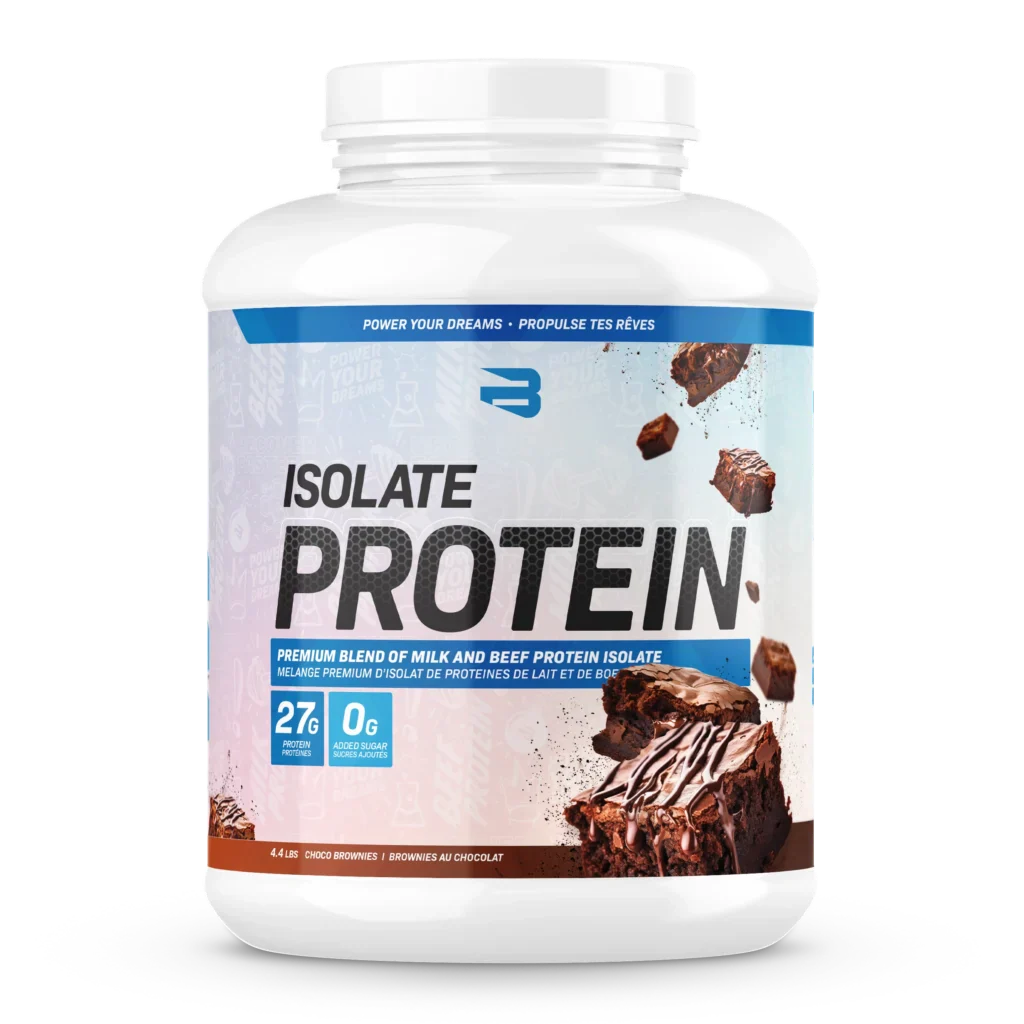 Gros contenant de 4.4 lbs d'Isolate Protein de Believe Supplements, poudre de protéine isolée de haute pureté pour sportifs.
