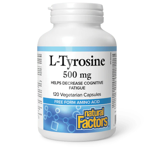 Bouteille de supplément L-Tyrosine 500 mg (120 capsules végétariennes).