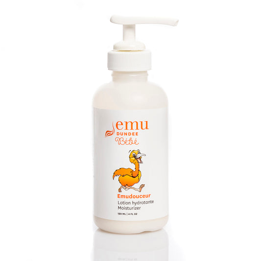 Flacon de Lotion hydratante de luxe pour bébés et enfants de la marque Emu Dundee (120 ml).