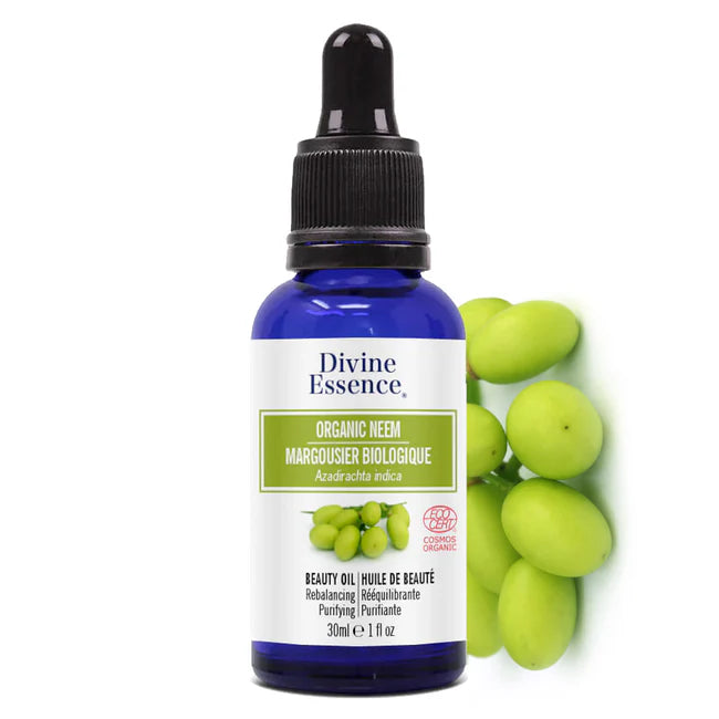 Flacon d'huile de beauté biologique au Margousier (Neem) 85% et Olive 15% de la marque Divine Essence