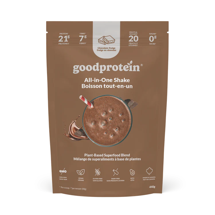 Sac de poudre protéinée végétale Good Protein saveur Chocolate Fudge, mélange nutritionnel tout-en-un riche en superaliments.