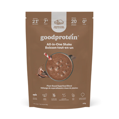 Sac de poudre protéinée végétale Good Protein saveur Chocolate Fudge, mélange nutritionnel tout-en-un riche en superaliments.