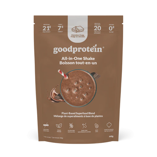 Sac de poudre protéinée végétale Good Protein saveur Chocolate Fudge, mélange nutritionnel tout-en-un riche en superaliments.