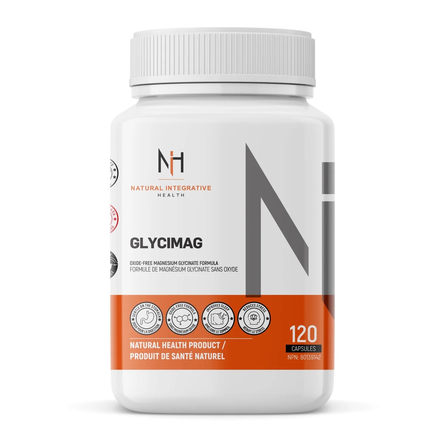 Bouteille de 120 capsules de supplément Glycimag (Magnésium et Vitamine B6) de la marque québécoise NIH