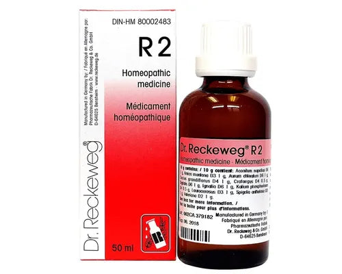 Flacon de 50ml de Dr. Reckeweg R2, gouttes homéopathiques pour le soutien du système cardiovasculaire et de la circulation.