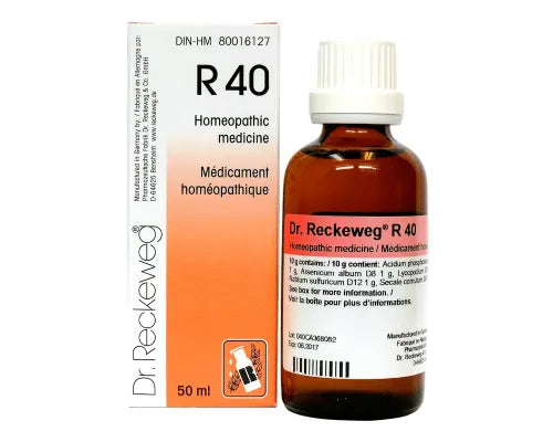 Flacon de 50ml de Dr. Reckeweg R40, gouttes homéopathiques pour le métabolisme du sucre et le soutien pancréatique.