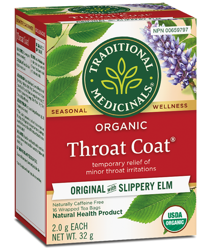 Boîte de 16 sachets de tisane biologique Throat Coat de Traditional Medicinals pour les maux de gorge