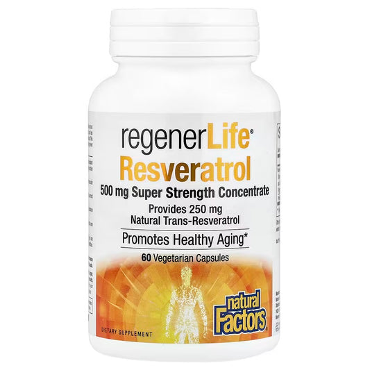 Bouteille de supplément antioxydant Resvératrol de la gamme Regenerlife (60 capsules).