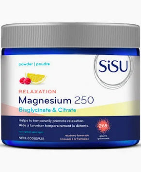 Bouteille de supplément minéral Sisu Magnésium 250 mg pour la relaxation et le sommeil.