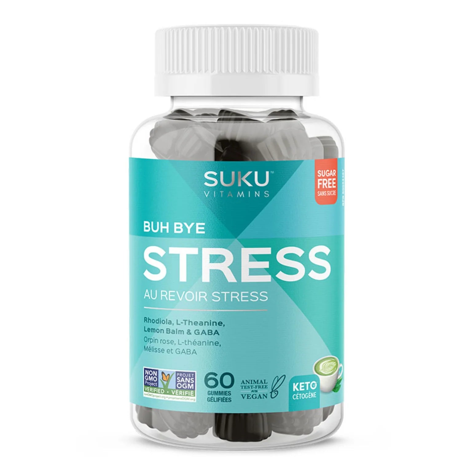 Bouteille de 60 jujubes végétaliens et sans sucre Au Revoir Stress saveur matcha de la marque SUKU Supplements