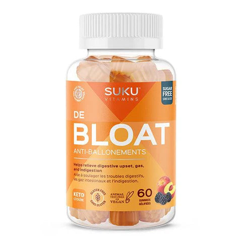 Bouteille de 60 jujubes végétaliens et sans sucre DeBloat pour la digestion de la marque SUKU Supplements