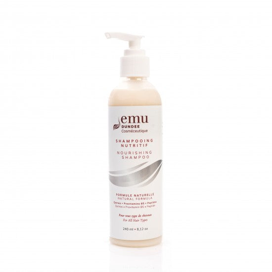 Bouteille de Shampooing Nutritif à l'huile d'émeu de la marque Émeu Dundee, soin capillaire hydratant et apaisant.