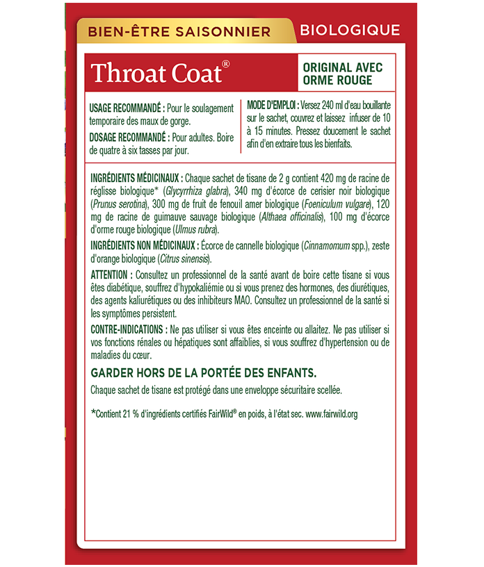 Boîte de 16 sachets de tisane biologique Throat Coat de Traditional Medicinals pour les maux de gorge