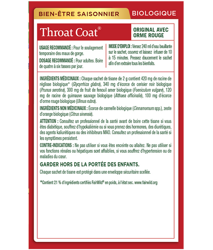Boîte de 16 sachets de tisane biologique Throat Coat de Traditional Medicinals pour les maux de gorge