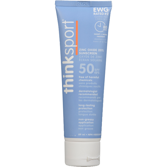 Tube de 6 oz de crème solaire minérale Thinksport SPF 50+ à l'oxyde de zinc, protection saine pour le sport et la famille.