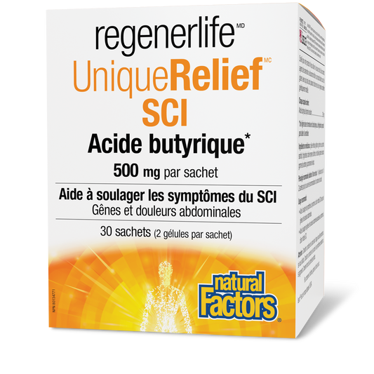 Boîte de supplément Unique Relief SCI contenant 30 sachets d'acide butyrique 500 mg.