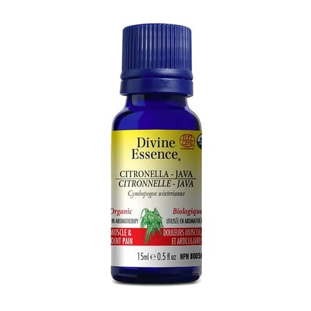 Flacon de 15 ml d'huile essentielle biologique de Citronnelle de Java de la marque Divine Essence