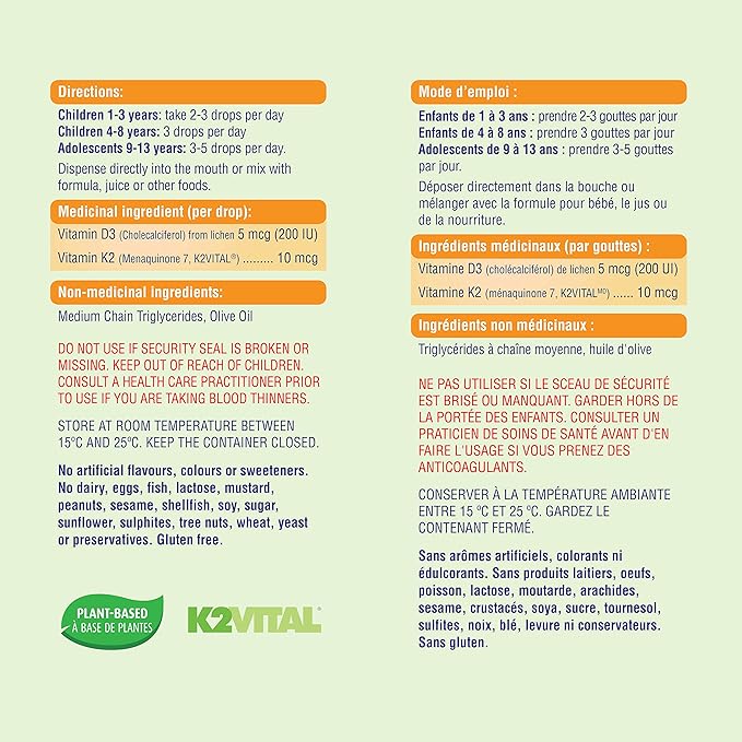 Vitamine D3 + K2 pour enfants - 180 gouttes
