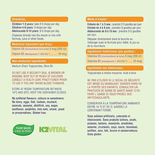 Vitamine D3 + K2 pour enfants - 180 gouttes