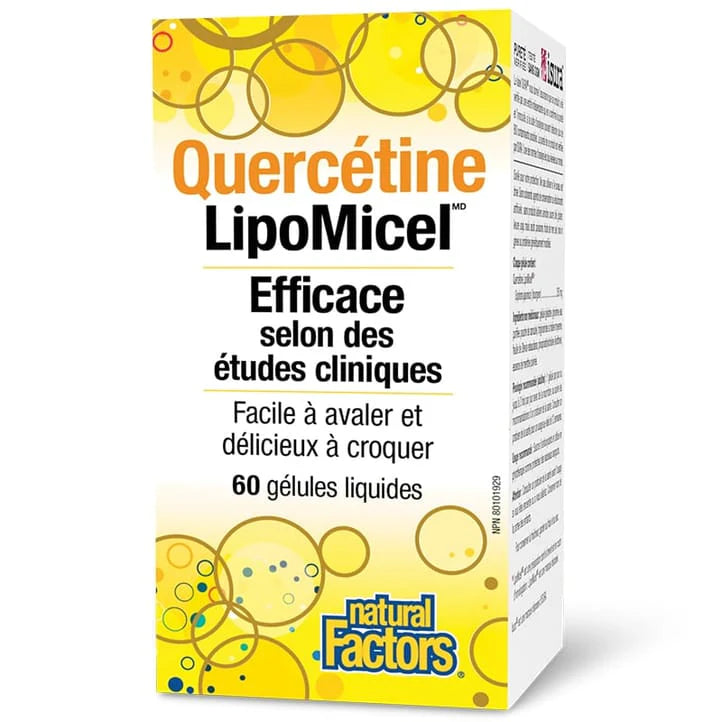 Flacon de 60 capsules de gel liquide de Quercétine Matrice LipoMicel de Natural Factors, supplément antioxydant à haute absorption.