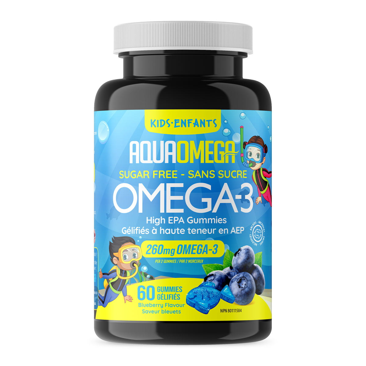 Bouteille de 60 Gummies Oméga-3 à haute teneur en EPA d'AquaOmega, saveur naturelle de bleuets pour les enfants.