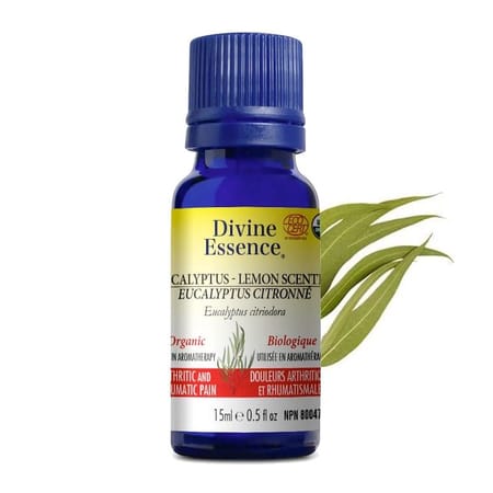 Flacon de 15 ml d'huile essentielle d'Eucalyptus Citronné biologique de la marque Divine Essence