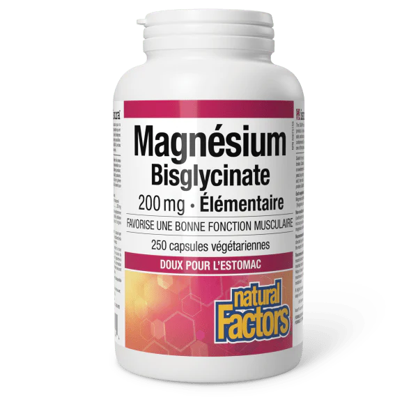 Magnesium bisglycinate capsules végétariennes Natural Factors favorisant une fonction musculaire normale et doux pour l’estomac