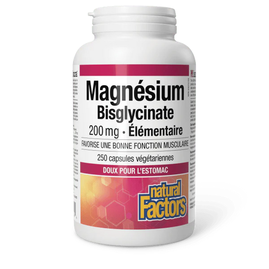 Magnesium bisglycinate capsules végétariennes Natural Factors favorisant une fonction musculaire normale et doux pour l’estomac