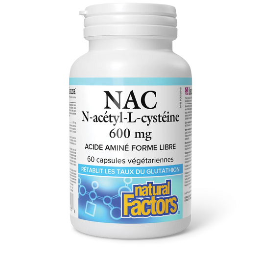Bouteille de supplément N-Acétyl-L-Cystéine (NAC) 600 mg de Natural Factors.