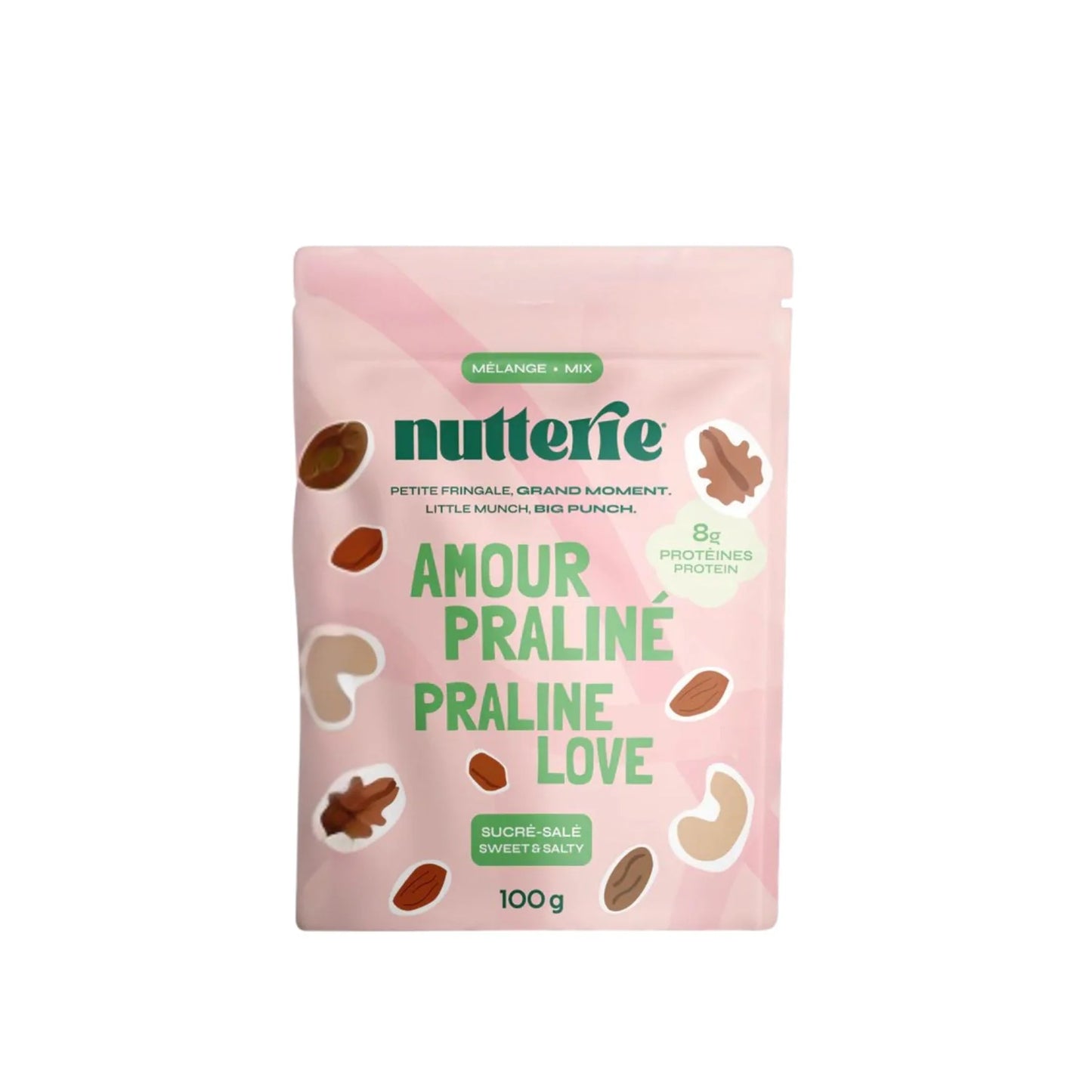 Sachet de Praline Love Mix de la marque Nutterie, un mélange de noix gourmandes enrobées de praliné croustillant.