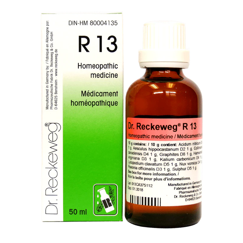 Flacon de 50ml de Dr. Reckeweg R13, gouttes homéopathiques pour le soulagement des hémorroïdes et du confort anal.