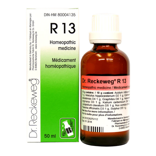 Flacon de 50ml de Dr. Reckeweg R13, gouttes homéopathiques pour le soulagement des hémorroïdes et du confort anal.