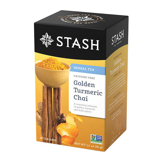 Boîte de 18 sachets de tisane Golden Turmeric Chai sans caféine de Stash Tea