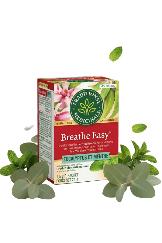 Boîte de tisane bio Aide respiratoire de Traditional Medicinals avec eucalyptus, menthe poivrée, gingembre et racine de réglisse pour le soutien des voies respiratoires.