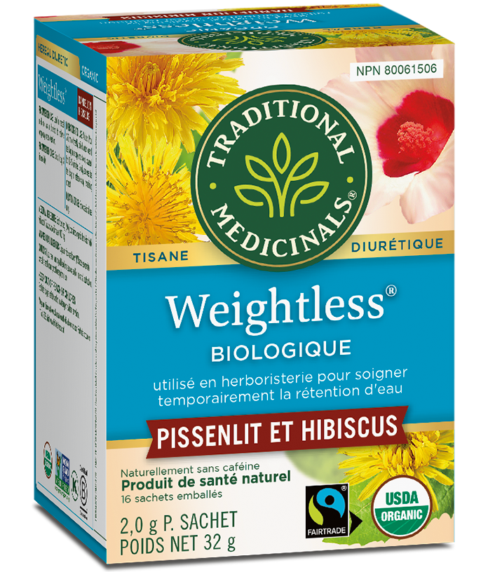 Boîte de tisane bio Weightless de Traditional Medicinals avec hibiscus, citronnelle et plantes biologiques pour une infusion légère et rafraîchissante.