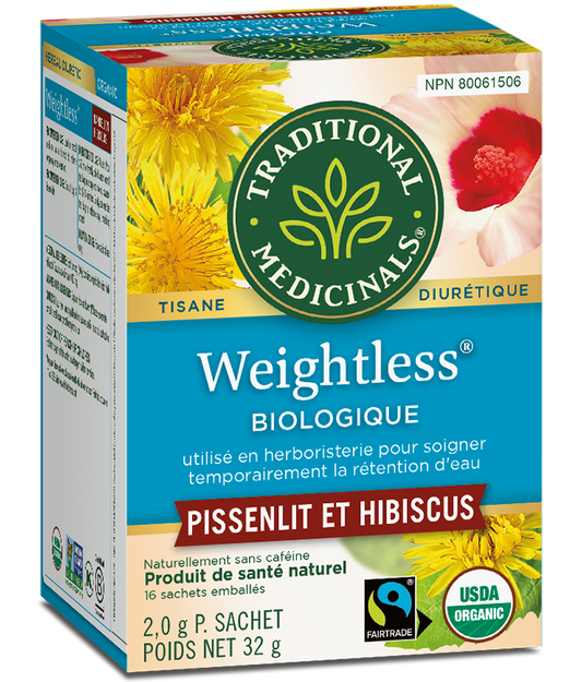 Boîte de tisane bio Weightless de Traditional Medicinals avec hibiscus, citronnelle et plantes biologiques pour une infusion légère et rafraîchissante.